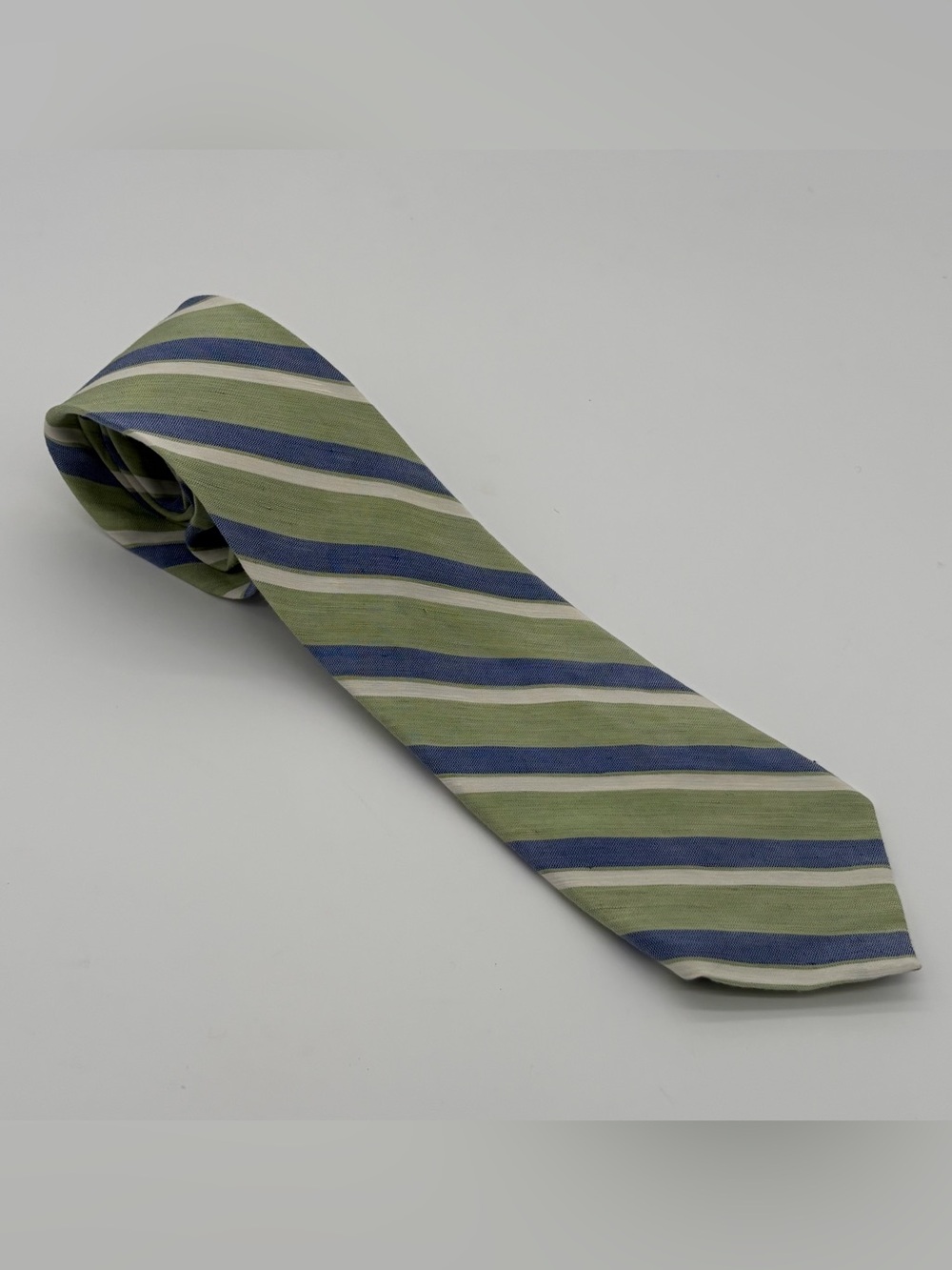 RALPH LAUREN Men's Green Blue Striped 38% Silk 62% Linen Handmade Necktie Preppy